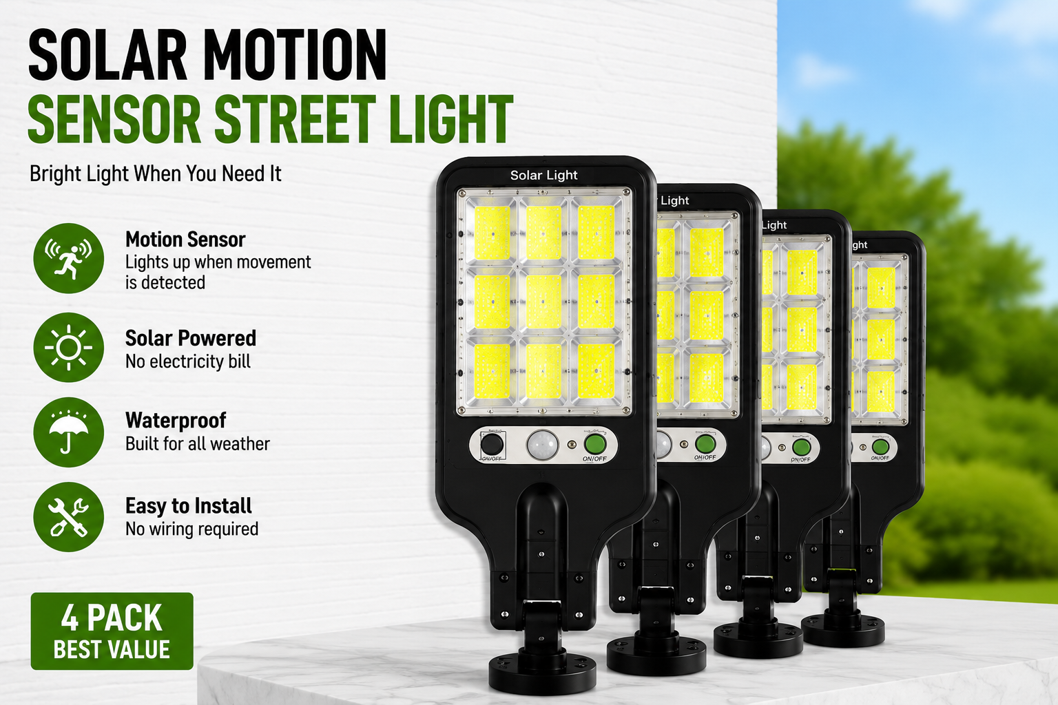 Solar Motion Sensor Street Light – 4 Pack Waterproof Outdoor Security Lights